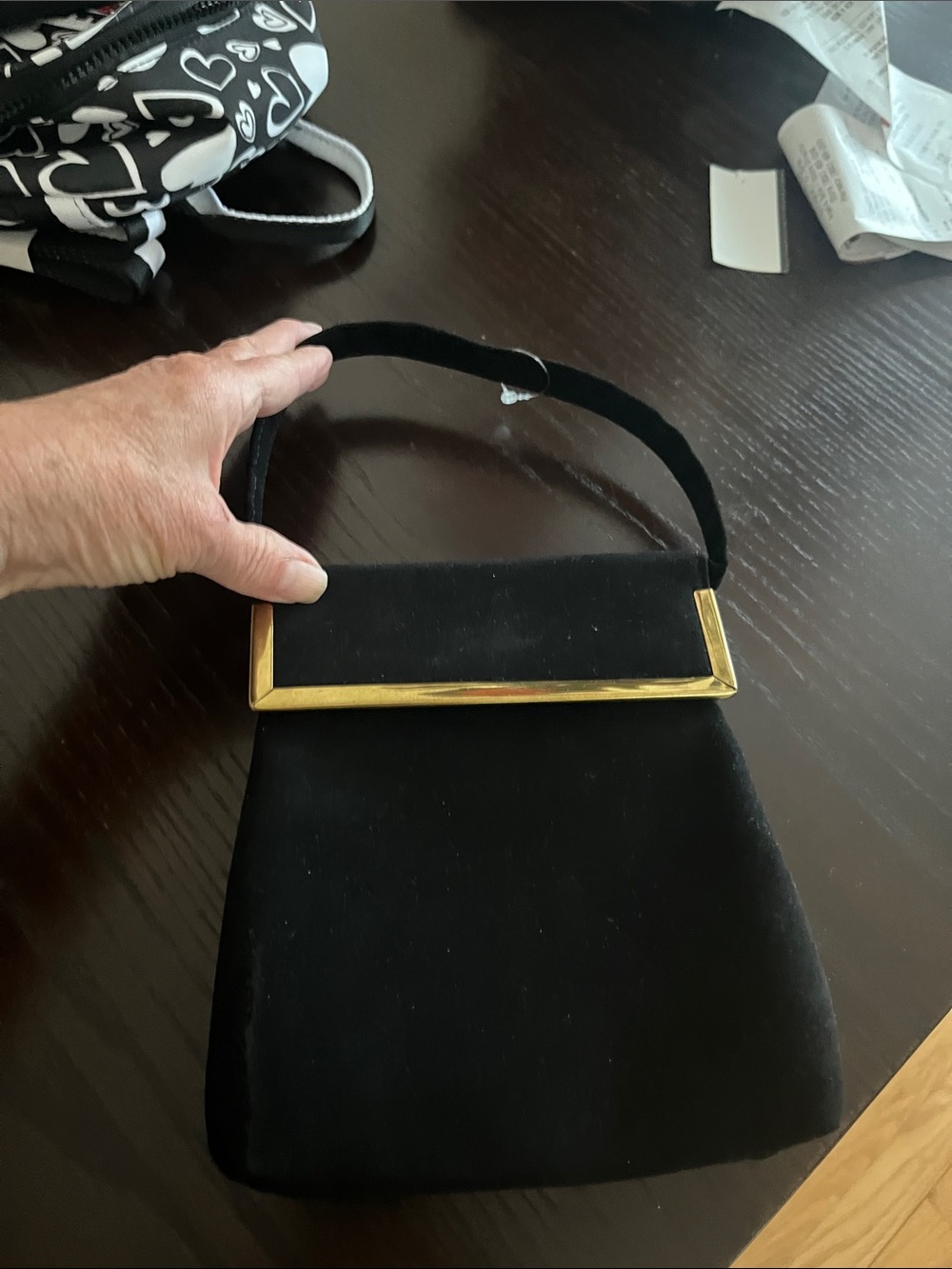Block vintage Black Velvet Evening Handbag with Gold Accent